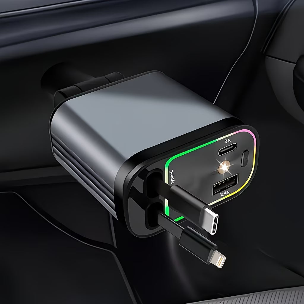 Chargeur de Voiture 180W Ultra-Rapide – USB, Type-C & Câbles Intégrés