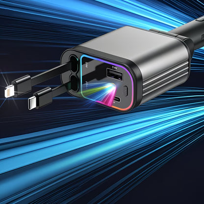 Chargeur de Voiture 180W Ultra-Rapide – USB, Type-C & Câbles Intégrés